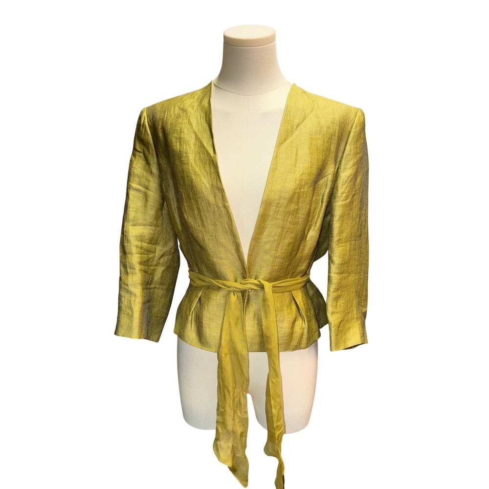 Kaliko Peplum Blazer Jacket Women 8 Olive Green Good Linen Blend Tie Waist